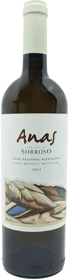 Taça de vinho branco Herdade do Sobroso Anas Branco, vinho de 2024, com garrafa e copo em destaque.