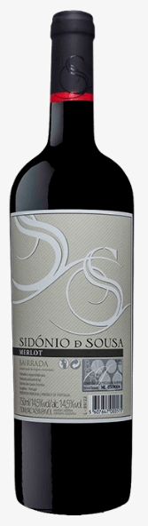 Taça de vinho tinto Merlot Sidonio de Sousa, garrafa de vinho Merlot de 2018, vista frontal do produto.