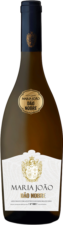 Copo de vinho branco Maria João Nobre Branco 2018, vinho da marca Maria João com garrafa elegance e rótulo detalhado