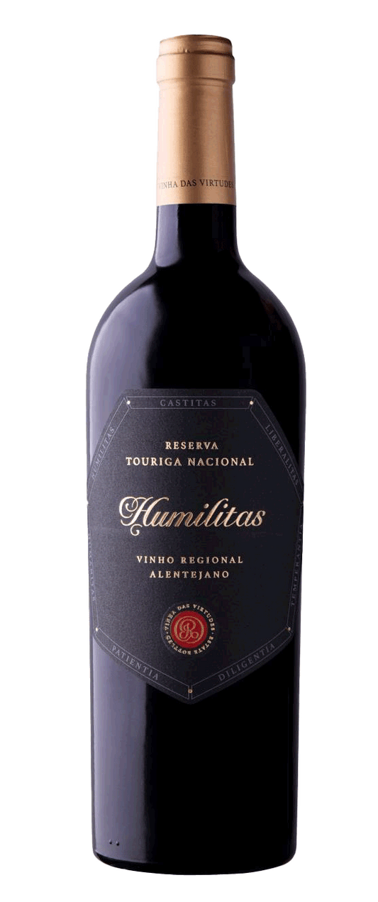 Taça de vinho tinto Humilitas Reserva Touriga Nacional Vinha das Virtudes, garrafa de vinho tinto 2019.