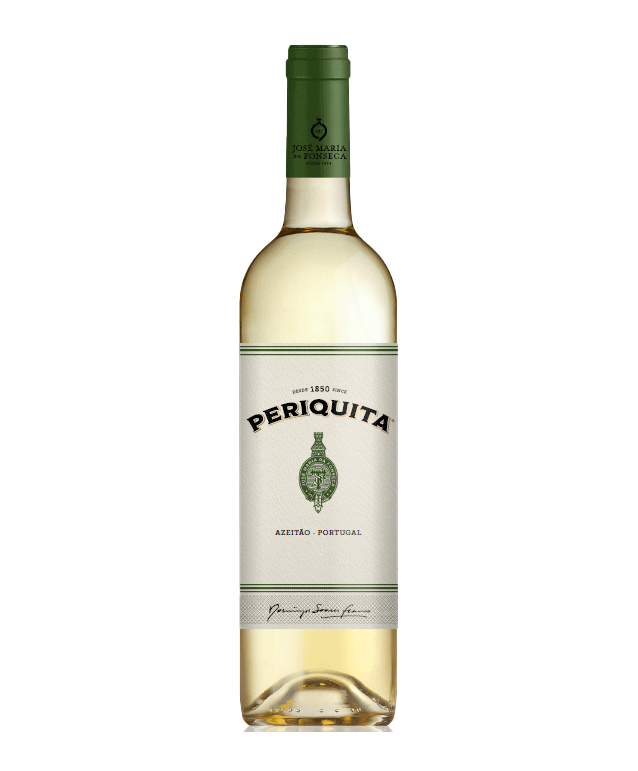 Vinho Periquita Branco da Jose Maria Fonseca, garrafa com rótulo, vista frontal.