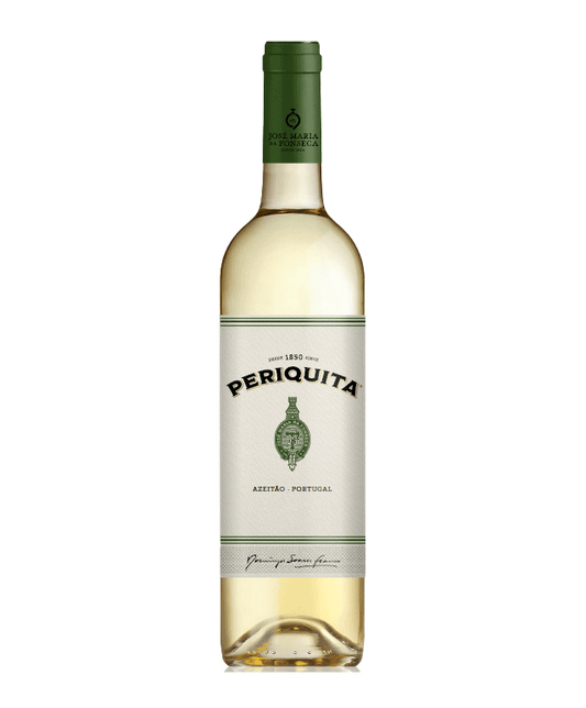 Vinho Periquita Branco da Jose Maria Fonseca, garrafa com rótulo, vista frontal.