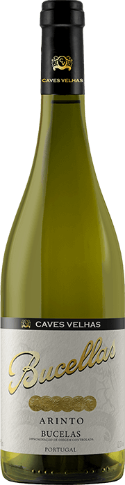 Vinho branco Caves Velhas Bucelas, safra 2024, na garrafa com rótulo detalhado, ideal para apreciação de vinhos portugueses.