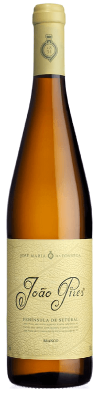 Taça de vinho branco João Pires Branco da Jose Maria Fonseca, garrafa de vinho branco com rótulo elegante.