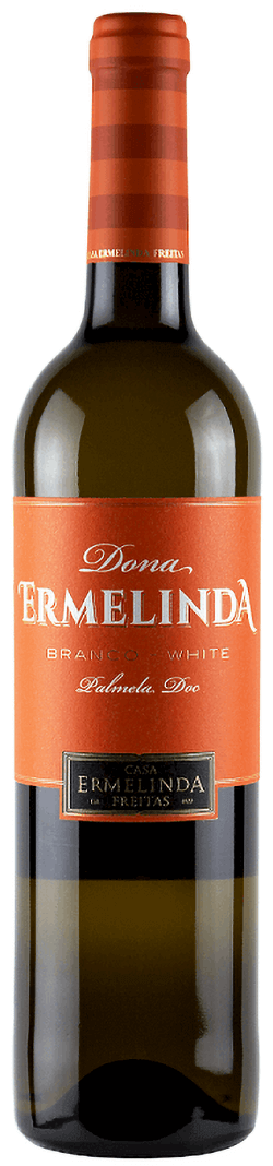 Vinho Dona Ermelinda Branco da Ermelinda Freitas, garrafa de vinho branco com rótulo elegante e detalhado.