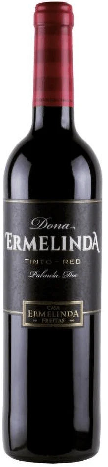 Vinho tinto Dona Ermelinda Tinto 2023 da marca Ermelinda Freitas, garrafa de vinho com rótulo colorido e selo de qualidade.