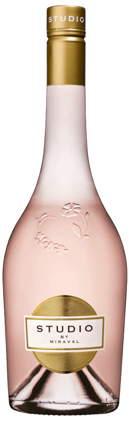 Taça de vinho rosé Miraval Studio Rose, garrafa de vinho da marca Miraval, com rótulo elegante e cor rosada vibrante.