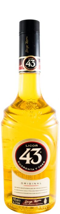 Licor Licor 43 da marca Diego Zamora, garrafa de licor com rótulo colorido, em fundo neutro.