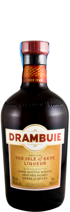 Caixa de licor Drambuie, garrafa de licor dourado com rótulo detalhado, destaque para marca e embalagem elegante.