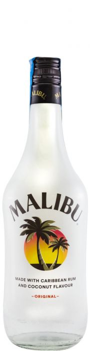 Licor Malibu Coco de sabor de coco, embalagem transparente, com garrafa de vidro e rótulo azul.