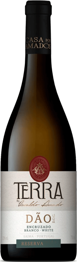 Vinho branco Terra Encruzado Casa dos Amados, garrafa de vinho Reserva Encruzado 2024, com rótulo e tampa dourada