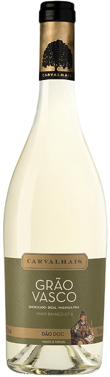Vinho branco Grão Vasco Branco da Quinta Carvalhais, garrafa de vinho com rótulo branco e detalhes dourados.