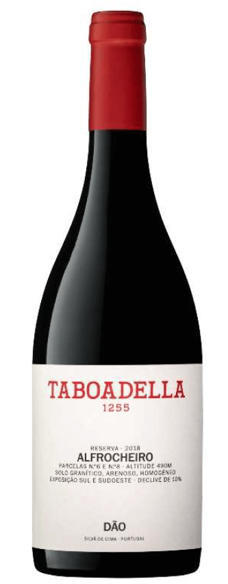 Vinho tinto Taboadella Alfrocheiro Reserva 2021, garrafa de vinho de qualidade com rótulo elegante e detalhes de produção.