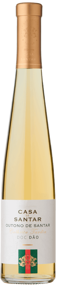 Vaso de vinho Colheita Tardia Outono Santar, safra 2016, com rótulo e garrafa de vinho de colheita tardia de Santar