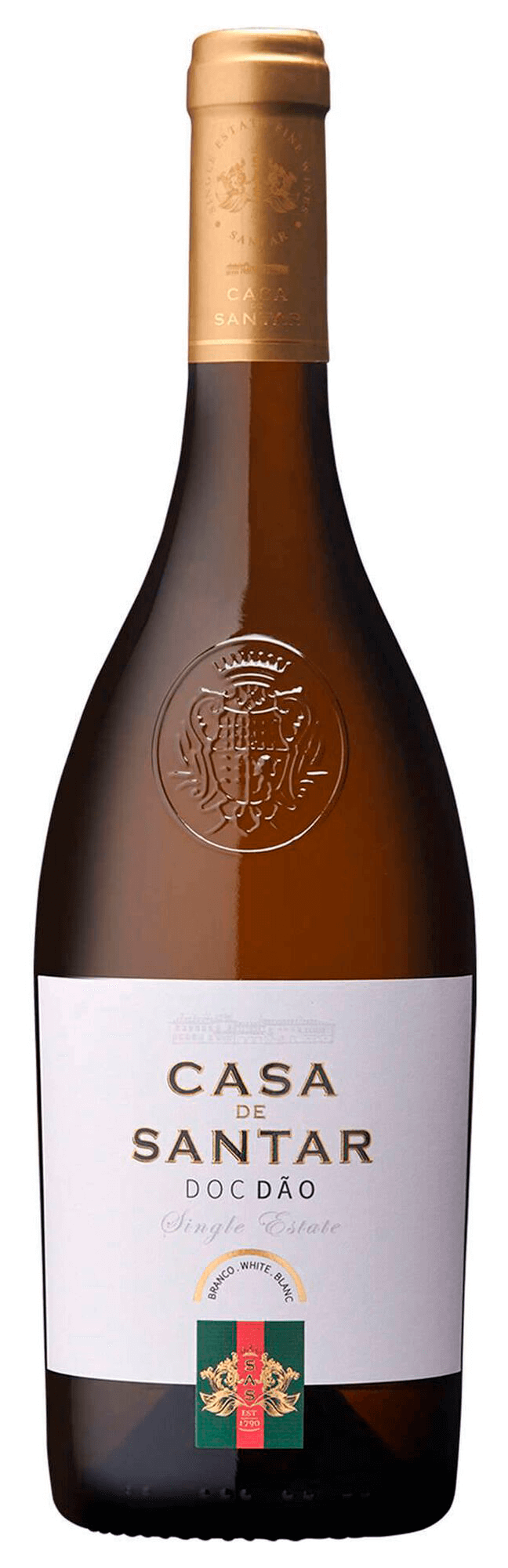 Taça de vinho branco Casa Santar Branco, vinho da marca Global Wines, em garrafa de embalagem elegante.