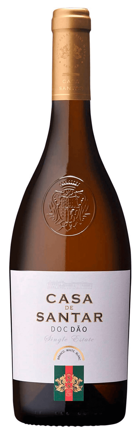 Taça de vinho branco Casa Santar Branco, vinho da marca Global Wines, em garrafa de embalagem elegante.