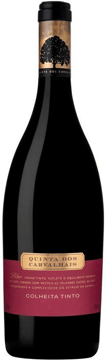 Taça de vinho tinto Quinta Carvalhais, vinhos Quinta Carvalhais, rótulo do Quinta Carvalhais Tinto 2022, garrafa de vinho.
