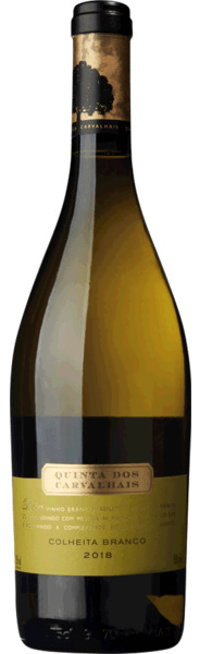 Vinho branco Quinta Carvalhais Colheita 2023, garrafa com rótulo elegante, destaque na imagem.