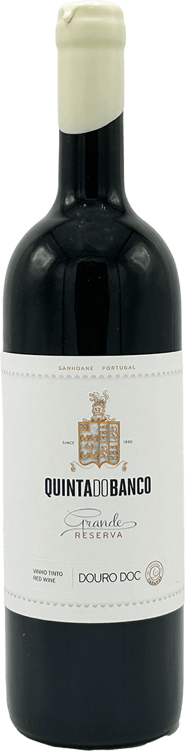 Vinho tinto Quinta do Banco Grande Reserva 2019, garrafa de vinho da marca Quinta do Banco, com rótulo elegante e detalhes de embalagem