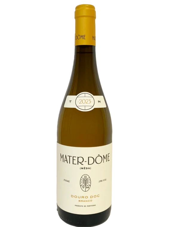 Taça de vinho branco Mater-Dôme Branco de Mateus Nicolau de Almeida, com fundo neutro e foco na bebida e taça de vidro transparente.