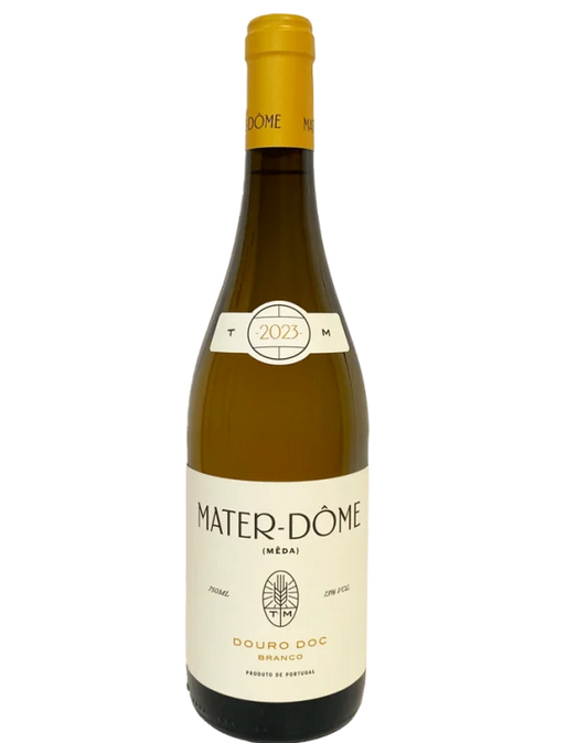 Taça de vinho branco Mater-Dôme Branco de Mateus Nicolau de Almeida, com fundo neutro e foco na bebida e taça de vidro transparente.