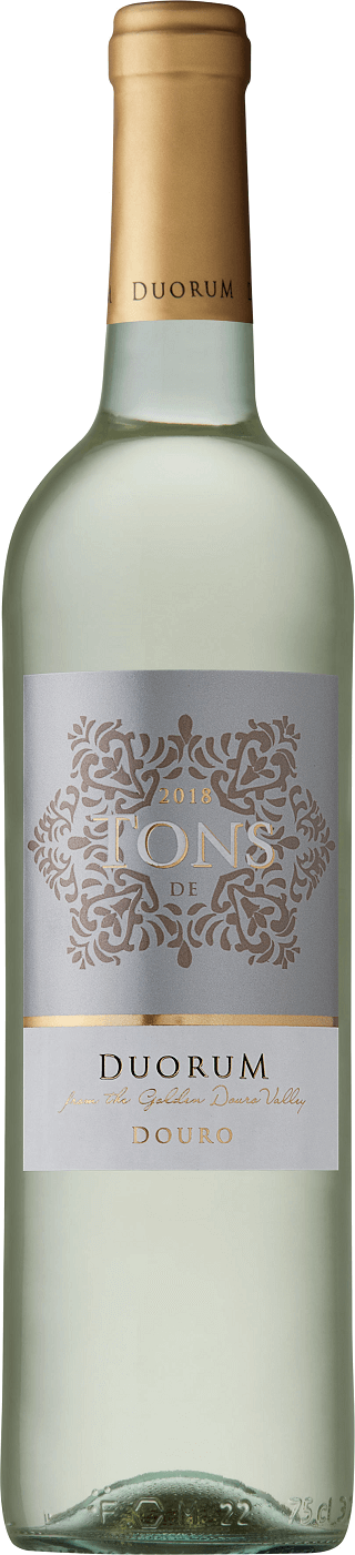 Vaso de vinho branco Duorum, Tons de Duorum Branco, garrafa com rótulo elegante, destaque para a cor dourada do vinho.