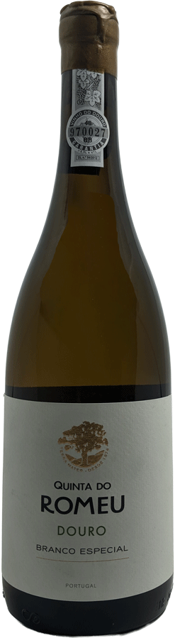 Taça de vinho branco Quinta do Romeu Branco Especial 2020, garrafa de vinho da marca Quinta do Romeu em destaque.