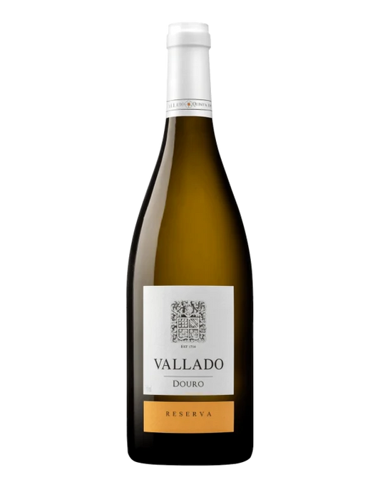 Vinho branco Vallado Reserva Branco 2023 da Quinta do Vallado, garrafa de vinho de qualidade com rótulo detalhado.
