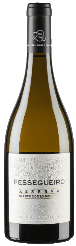 Vinho branco Pessegueiro Reserva Branco da Quinta do Pessegueiro, garrafa com rótulo elegante e detalhes do produto.