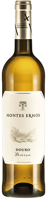 Vinho branco Montes Ermos Reserva 2024 da Adega Cooperativa de Freixo de Espada à Cinta, garrafa com rótulo elegante e rótulo da marca