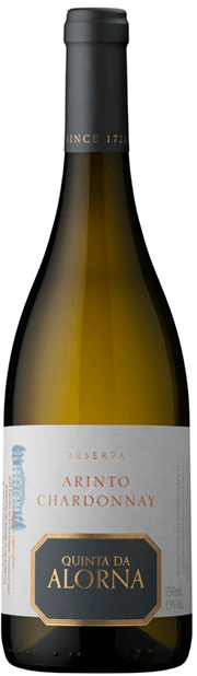 Vinho branco Quinta da Alorna Reserva Arinto e Chardonnay, garrafa com rótulo elegante, destaque para a produção de vinhos portugueses.