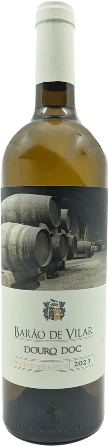 Taça de vinho branco Barão de Vilar Branco da Van Zeller, com garrafa ao fundo, destaque para o rótulo e coloração do vinho.