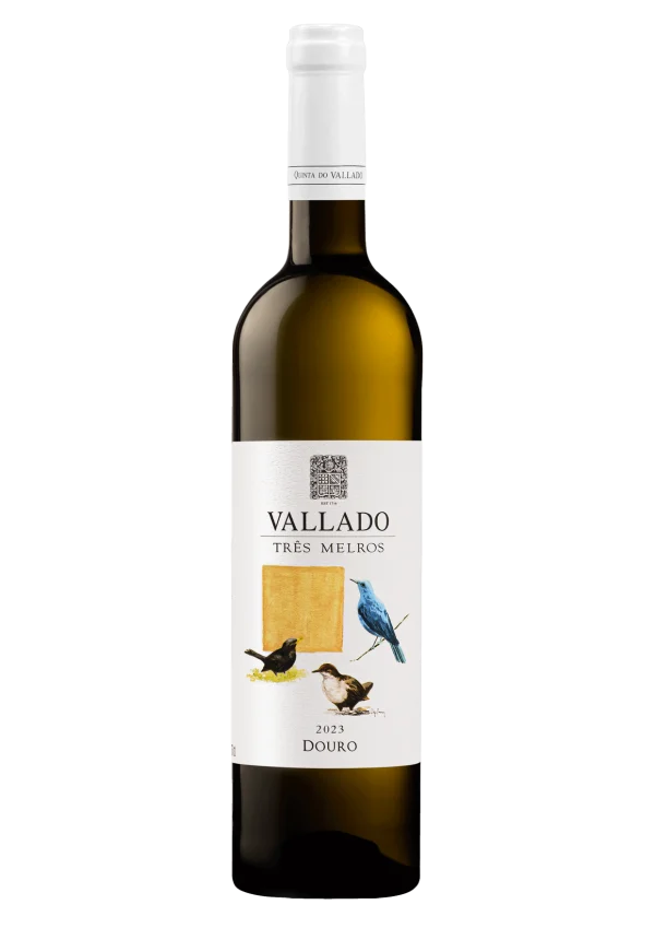 Vinho branco Vallado 3 Melros Branco de Quinta do Vallado, garrafa de vinho de 600ml, vista frontal da embalagem.