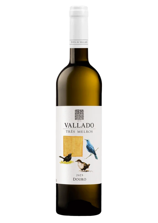 Vinho branco Vallado 3 Melros Branco de Quinta do Vallado, garrafa de vinho de 600ml, vista frontal da embalagem.