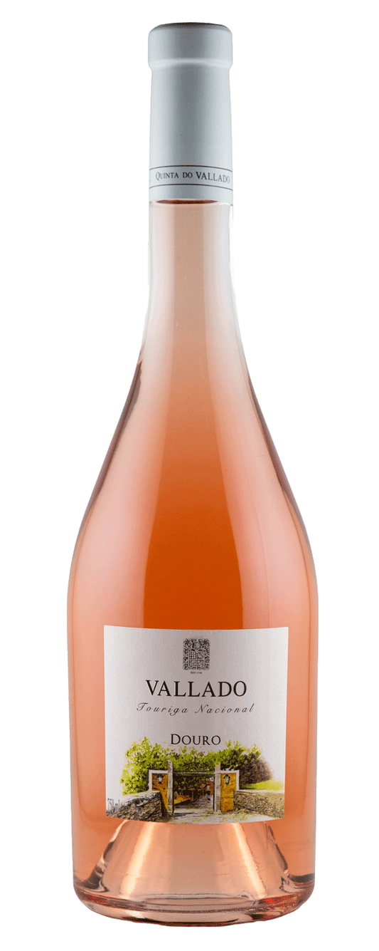 Vinho Vallado Rosé da Quinta do Vallado, garrafa de vinho rosé com rótulo elegante, vista de frente.