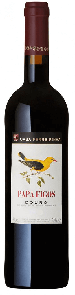Vinho Papa Figos Tinto da Casa Ferreirinha, garrafa de vinho tinto com rótulo elegante e detalhes do produto.