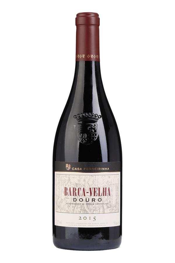 Vinho Barca Velha 2015, garrafa de vinho tinto de alta qualidade, com rótulo clássico e detalhes elegantes.