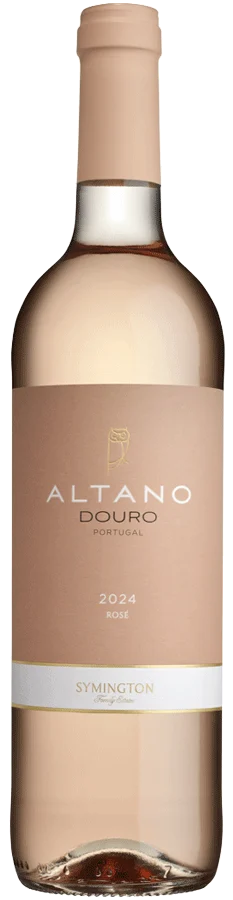 Taça de vinho rosé Altano da Symington Family Estates, com garrafa de vinho rosé Altano no fundo.