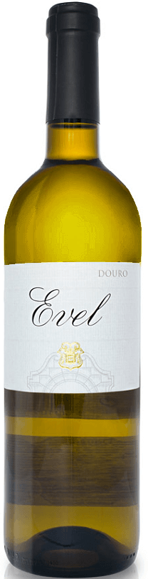 Vinho branco Evel da Real Companhia Velha, garrafa elegante de vinho branco de 2024, visual do rótulo na imagem.