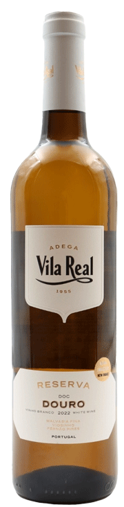 Taça de vinho branco Vila Real Reserva Branco 2023, produzido pela Adega Cooperativa de Vila Real.