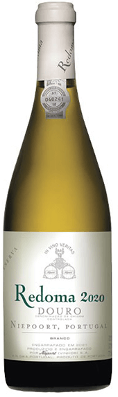 Garrafa de vinho branco Redoma Reserva Branco de Niepoort, com rótulo elegante e detalhes do rótulo na imagem.