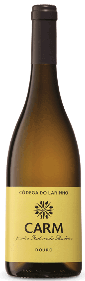 Vinho branco Carm Reserva Código do Larinho 2023, garrafa de vinho branco com rótulo elegante, destaque para o produto em vidro.