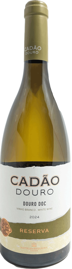 Taça de vinho branco Cadão Reserva Branco, garrafa de vinho branco com rótulo elegante e detalhes do produto na imagem.