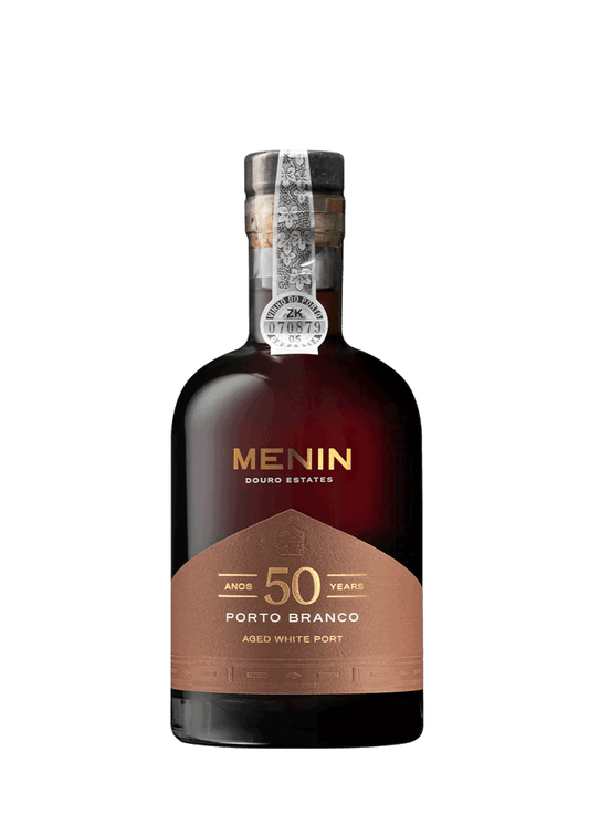 Vinho do Porto Menin 50 Anos White, garrafa de vinho branco envelhecido, rótulo elegante da Menin Wine Company.