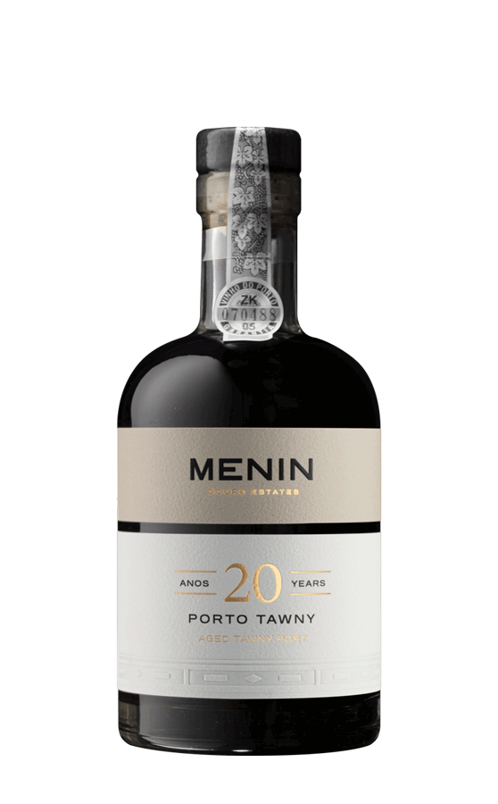 Vinho do Porto Menin Tawny 20 anos, garrafa com rótulo dourado e embalagem elegante, destaque na imagem.