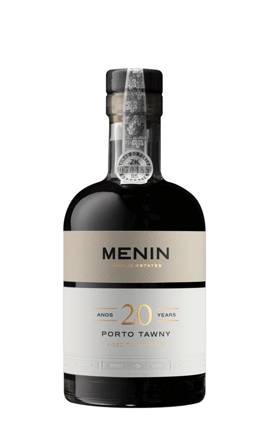 Vinho do Porto Menin Tawny 20 anos, garrafa com rótulo dourado e embalagem elegante, destaque na imagem.