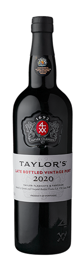 Taça de vinho do Porto Taylor's LBV, vinho tinto encorpado e elegante, em taça de degustação com fundo neutro.