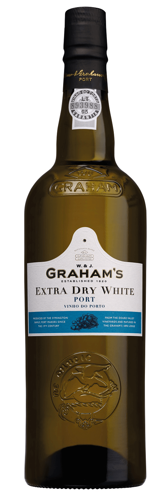 Vinho do Porto branco seco Graham’s Extra Dry White da Symington, garrafa com rótulo branco e dourado, sobre fundo neutro.