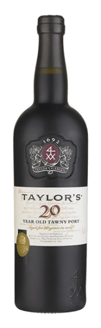 Taça de vinho do Porto Taylor's Tawny 20 anos com cor âmbar e aroma complexo, destaque para envelhecimento e elegância.