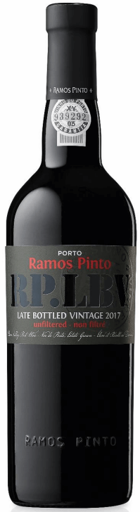 Garrafa de Vinho do Porto LBV Ramos Pinto 2018, vinho tinto com rótulo detalhado e tampa de metal, em fundo neutro.